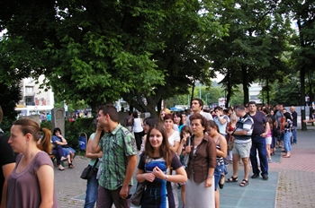 A long tail curled to the Regional Archaeological Museum during the European Night in Plovdiv on 18 May 2014.